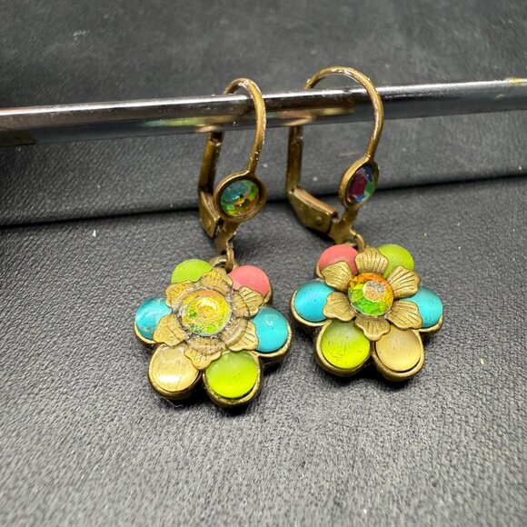 Michal Negrin Multicolor Enamel Crystal Flower Dangle Drop Earrings Brass Tone - Picture 1 of 7